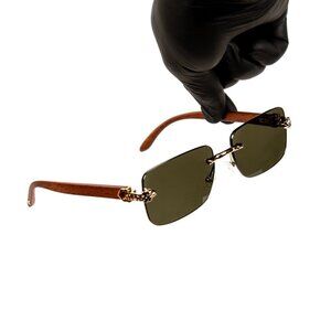 Mens Green Tint Rimless Gold Frame Vintage Wood Buffs Leopard Head Sunglasses